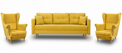 Bonni24 Skandinavische Sofagarnitur 2 Sessel Lahti/Denver Mustard(Gelb, 1x 3-Sitzer-Sofa, 2X Sessel)