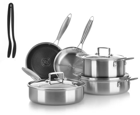 KASANOVA Batteria pentole Tri-ply, Set pentole e padelle in acciaio inox triplo strato, Pentole antiaderenti induzione e tutti i piani cottura, forno fino a 220 °C (9 pezzi)