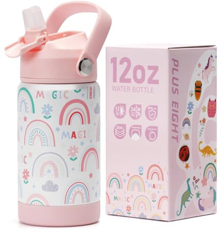 pluseight Kids Insulated Water Bottle with Straw Lid, 12 oz BPA-Free Double Wall Vacuum Tumbler 18/8 Stainless Steel Leak Proof Kids Cups with Straw for School Travel Boys Girls (Rainbow)