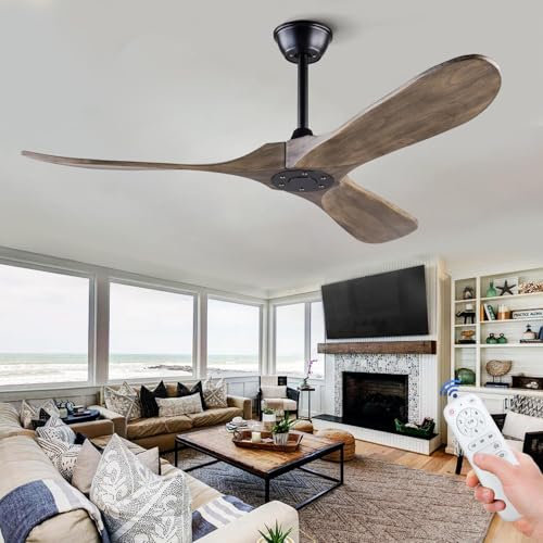 BOJUE Ventilador de Techo sin Luz 132cm de Madera con Control Remoto, Para Interior/Exterior Sala, Patio, Porche, 6 Velocidades, Motor DC Silencioso