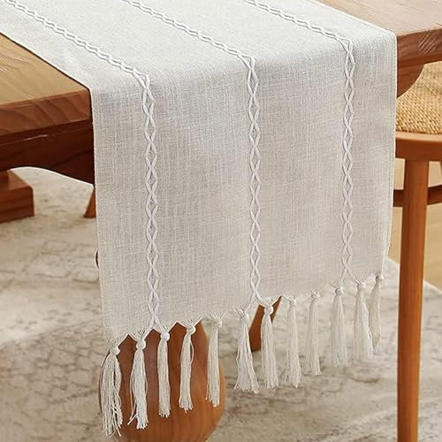 AhhiAboo Baumwoll-Leinen Tischfahne - 33 x 140 cm Beige Gestreifte Tischdecke Tschläufer Modern - Table Runner Tischläufer mit Quasten für die Tischdekoration