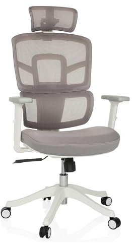 MyBuero Drehstuhl ergonomisch ERGOMY I W Bürostuhl mit Flexibler Lordosenstütze, Kopfstütze, Armlehnen, Netz-Rückenlehne, Stoff Grau