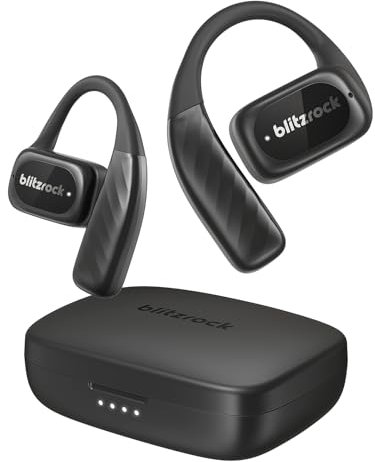 BlitzRock Auriculares Open Ear Inalambricos Bluetooth 5.4, Ligero, Sonido Claro, Llamadas Claras, Control por Aplicación, 28 Horas de Reproducción, Apto para Deportes y Correr, Negro Oscuro