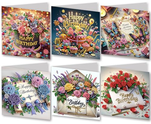 6 Stück DIY Diamond Art Geburtstagskarten, 5D handgefertigte Diamant-Kunstkarten mit Umschlag, Diamantmalerei, Geburtstagsgrußkarten-Sets als Geburtstagsgeschenk für Familie Freunde (B)