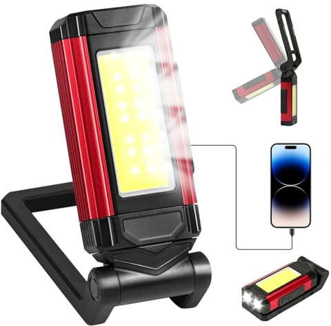 vsshe Lampe de Travail Rechargeable, Lampe de Travail LED, Lampe de Travail Puissante avec Base Magnétique et Crochet pliant, Lampe de Poche COB,7 Modes Lampe Mecanicien pour Atelier,Camping,Urgences