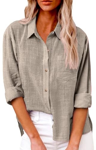 SHEKINI Women Casual Blouse -Neck Long Sleeve Shirt Button Dowm Cotton Linen Tshirt Tops Dressy Blouses Office Work Blouse Plus Size Khaki