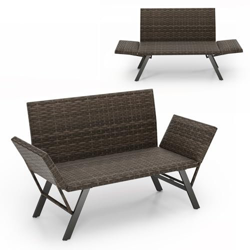 COSTWAY Polyrattan Gartenbank mit Liegefunktion, Gartensofa mit schnelltrocknender Schaumstoffpolsterung & verstellbaren Armlehnen, Balkonbank, Sitzbank für Garten, Terrasse, Balkon, 178 x 59 x 89 cm