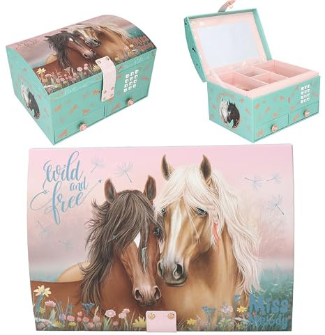 Depesche 13612 Miss Melody - Großes Schmuckkästchen in Türkis und Rosa, mit Pferde Motiv und roségoldenem Muster, Schmuckbox mit Code, Sound und Spiegel