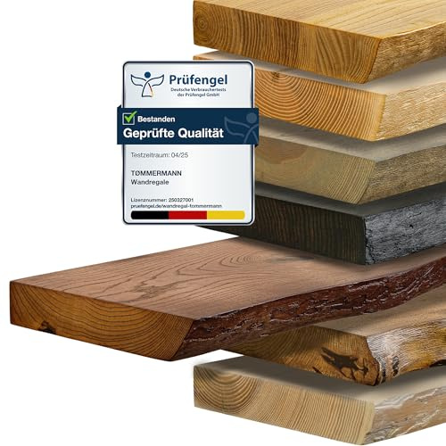 tømmermann - Wandregal mit Baumkante - massives Schweberegal Farbe Teak 160 cm Länge - Regalbrett aus Eschenholz 100% natürlich - Rustikales Wandboard mit unsichtbarer Wandmontage Massivholzbrett