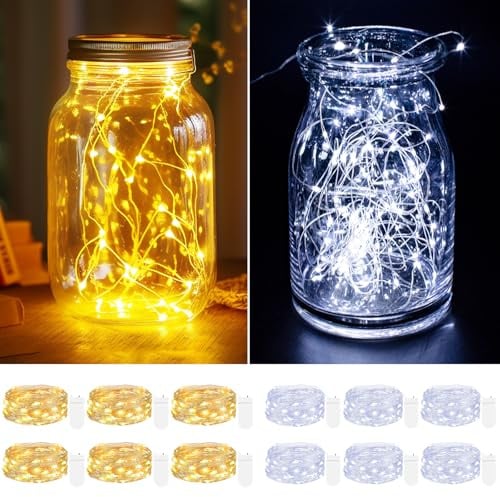 [12 Stück] LED Mini Lichterkette mit Batterie, 2M 20 LED Led Lichterkette Draht mit Batteriebetrieben, Micro Lichterkette Innen, Lichterketten Klein Wasserdicht für Hochzeit (Warmweiß*6 Kaltweiß*6)