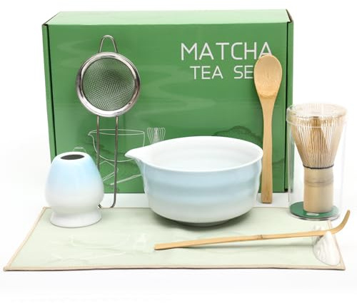 Wusboo Matcha Set 8-Teiliges (Gradient Blau), Matcha Schale, Besen und Besen Halter, Teelöffel und Halter, Sieb und Weitere Zubehörteile – Ideal für Matcha-Liebhaber, Mit Geschenkbox Macha Tea Set