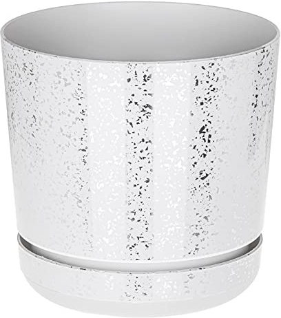 KORAD WHITE WITH SILVER FLECKS flower indoor plant pot with saucer plastic gloss modern decorative planter with drainage holes (32 cm - 12.6 inch)
