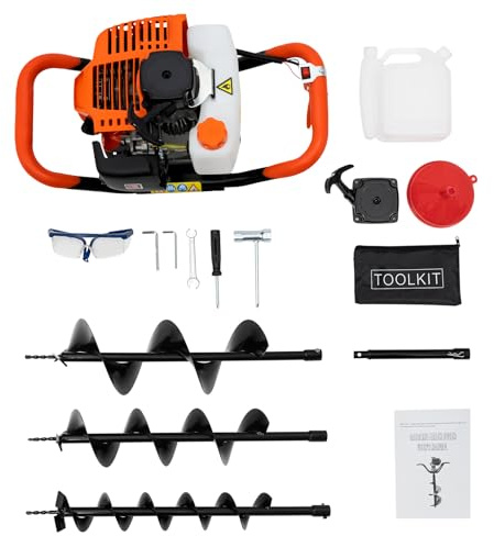 ureggvbu Erdbohrer Benzin Gartenbohrer Erdbohrer zum Bepflanzen, 52CC 2 Takt Erdlochbohrer, 50 x 23cm, Benzin Erdbohrer mit orangefarbener Rostschutzbeschichtung für Ton/felsigen Boden