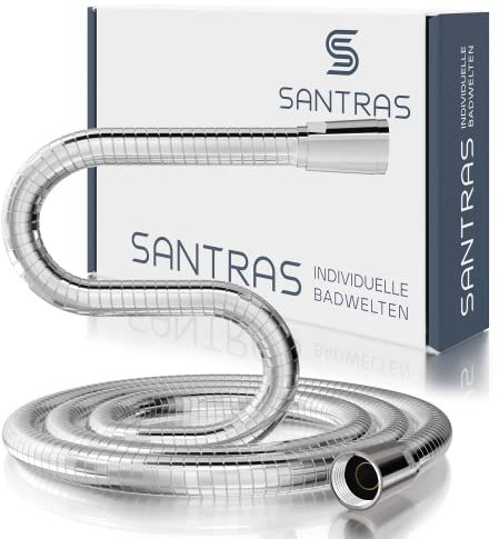 SANTRAS® Duschschlauch PREMIUM Chrom 1,60 m MADE IN GERMANY mit Wassersparer – Besonders flexibel und verdrehsicher mit DURCHFLUSSBEGRENZER – Brauseschlauch in Edelstahloptik aus Easy Clean Material