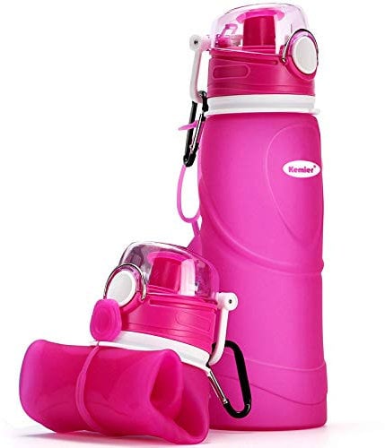 Kemier Bouteilles d'eau Pliables en Silicone de 750 mL,Sans BPA,Approuvées par La FDA.Bouteilles d'eau Pliables Pouvant s’Enrouler Pour Sports et Plein Air,étanches et à l'épreuve Des Fuites(Rose)