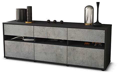 Stil.Zeit TV Schrank Lowboard Annalena, Korpus anthrazit matt, Front Industrie-Design Beton (135x49x35cm), Push to Open Technik & Leichtlaufschienen
