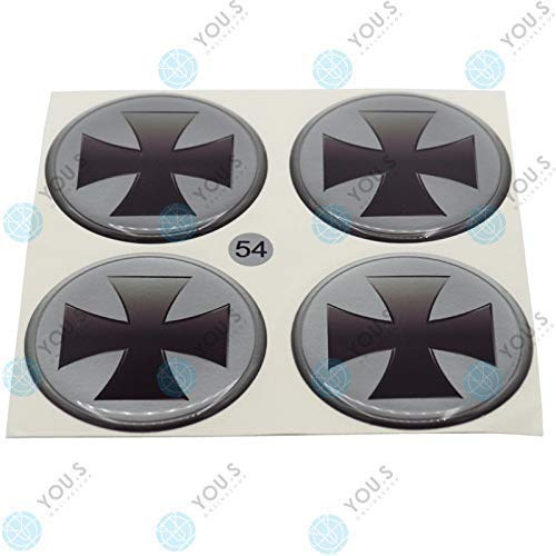 4 x YOU.S Nabenkappen Silikon Aufkleber 54,0 mm - schwarz silber eisernes Kreuz selbstklebend