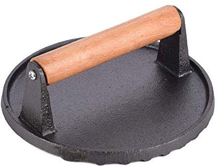 Hoziel 7-Inch Cast Iron Bacon Press with Wood Handle,Round Barbecue Grill burger presser