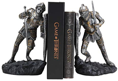 Ebros Dueling Mittelalterliche Kreuzritter mit Riesenwappen Heraldry Schilds Buchstützen Statue Set 21 cm hoch Anzug von Rüstungsschwerter Ritter Alter der Könige dekorative Buchstützen Skulpturen
