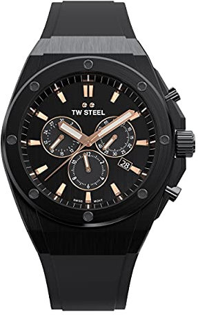 TW Steel CEO Tech Herren 44mm Quarzuhr mit schwarzem Zifferblatt, schwarzem Silikonarmband und Datumskalender CE4044