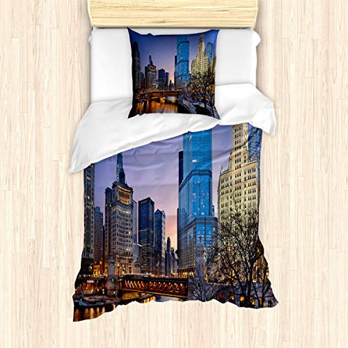 ABAKUHAUS Landschaft Bettbezug Set für Einzelbetten, Chicago River Scenery, Milbensicher Allergiker geeignet mit Kissenbezug, Grau Blau