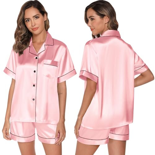 GAESHOW Ensemble de Pyjama Deux pièces en Satin de Soie pour Femme, avec Haut à Manches Courtes et Boutons