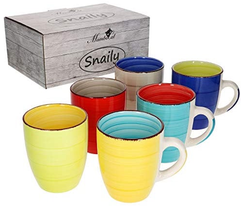 MamboCat Malaga Snaily Kaffeebecher 300 ml I Kaffeetassen 6er Set mit Strudel-Dekor - in 6 kräftigen Farbtönen I Steingut-Tasse groß I Tea & Coffee Mug Set - Bunte Kaffee-Tassen 6 Stück