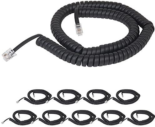 Cablesys Spiralkabel für Telefonhörer für die Verwendung mit PBX-Telefonanlagen, VoIP-Telefonen – 3,6 m uncoiled, RJ22, 3,8 cm Kabel an beiden Enden, flach, schwarz, 10 Stück