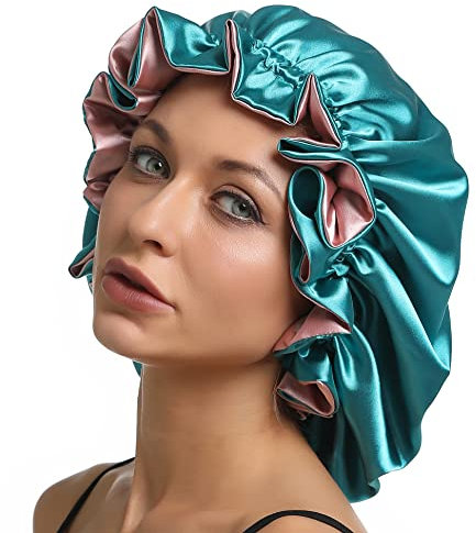 SENGTERM Seiden Schlafmütze Damen Frauen Nachtmütze Satin Verstellbare Doppelschichten Motorhaube seiden Haarpflege Kopfhaube Nacht Haube Mütze für lockiges Haar Lange Haare (XL, Green-Pink)