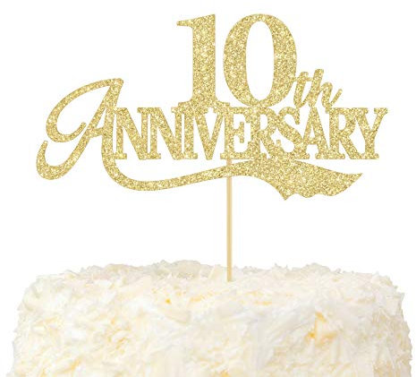 LOVENJOY Tortenaufsatz zum 10. Hochzeitstag Gold Glitter Happy 10th Anniversary Tortendeko für 10 Jahrestag Party Cake Dekoration