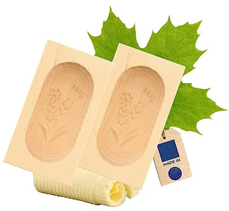 2X HOFMEISTER® Butterform, für 125 g Butter, 14 cm, Enzian, handgeschnitzt in Deutschland, Butter-Form zum Dekorieren, eckige Sturz-Form, Butter-Model aus heimischem Ahorn-Holz