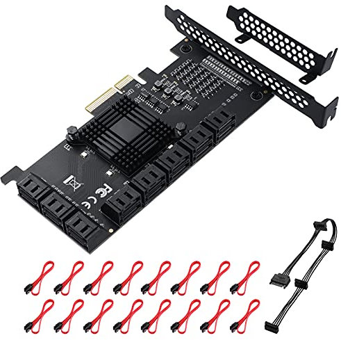 MZHOU PCIe SATA Karte, PCIe zu SATA-Controller-Erweiterungskarte, 6 Gbit/s X4/X8/X16,Unterstützt 16 SATA 3.0-Geräte mit 16 SATA-Kabeln und Low-Profile-Halterung(ASM1166-Chip)