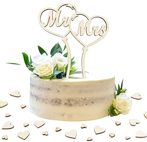 Cake Topper Hochzeit Holz Tortendeko Mr Mrs Torten Topper mit 50 Pcs Herzen Streudeko Tischdeko Tortendeckel Luftballon-Motiv für Hochzeit Jubiläum Verlobung Antrag (Bunt-D)