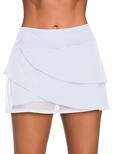Badehose Damen Baderock Mit Innenslip Strand Rock Mit Volant Und Hoher Taille Bademode Gefüttert Mit Shorts Baderöcken(L-Weiß)