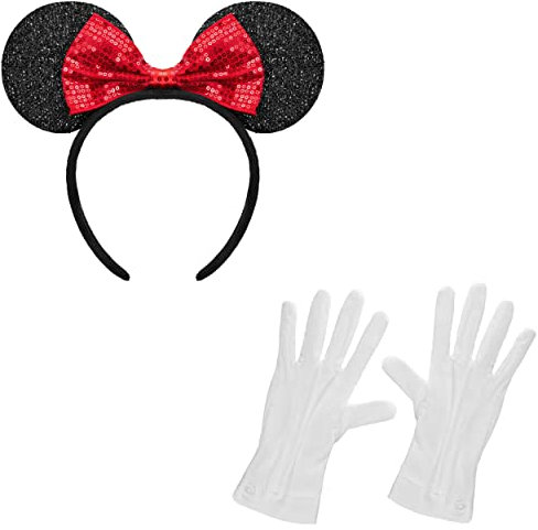 Balinco Maus Ohren mit Schleife + Handschuhe Set, Schwarz, Weiß, Rot, Haarschleife, Haarschmuck, Party Accessoires, Karneval Kostüm Damen, Faschingskostüme