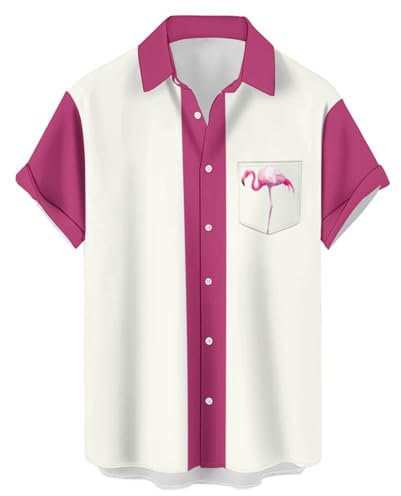 Hodaweisolp Chemise de plage hawaïenne décontractée à manches courtes boutonnée pour homme, Flamant rose blanc, Taille L