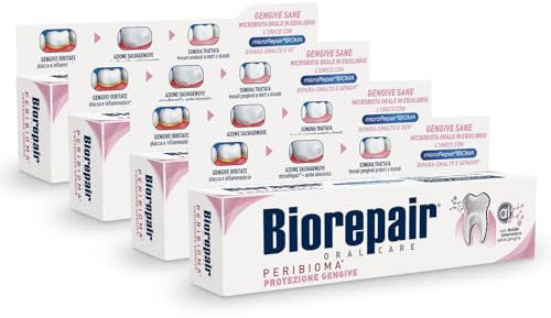 Biorepair, Dentifricio Protezione Gengive Peribioma, 4 Confezioni da 60 ml, Combatte e Previene Problemi Gengivali, con Probiotici, Acido Ialuronico Idratante, Calendula e Spirulina, Senza Fluoro