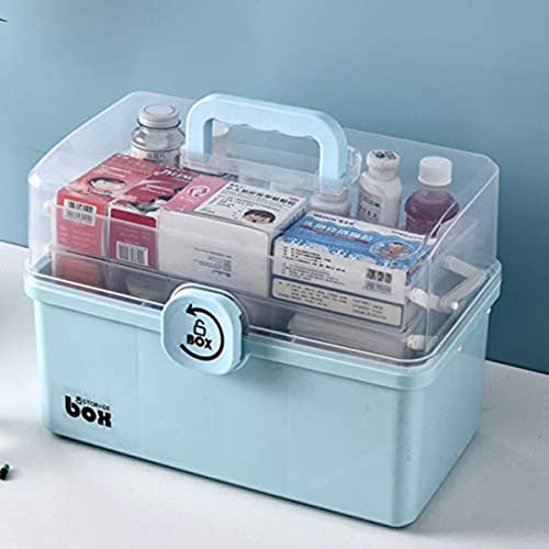 AMZPDD Organizador portátil plegable de plástico transparente de 3 capas para costura, caja de herramientas, botiquín de primeros auxilios para medicina doméstica (azul, 34 cm)