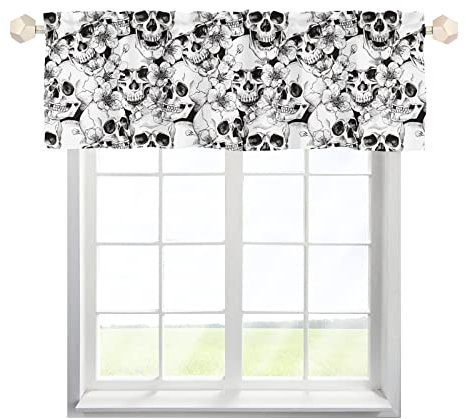 One Lover Totenkopf Blumen Scheibengardine Bistrogardine mit Stangendurchzug Kurz Stores Schals Elegant Küche Gardinen für Wohnzimmer Landhaus Multicolor 137x45cm,1 Stück