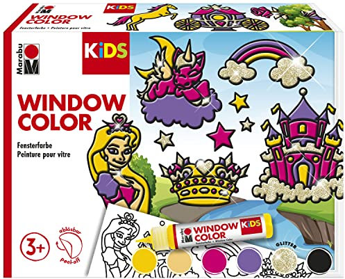 Marabu - KiDS Window Color Set Prinzessin, 6 x 25 ml Fensterfarbe auf Wasserbasis, 2 Malvorlagen in A3 und A4, 30 Motive, für Kinder ab 3 Jahren