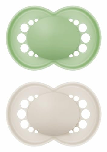 MAM Schnuller, ab 6 Monaten, mit symmetrischem Sauger, flach und flexibel, aus weichem Silikon, leicht anzunehmen, mit selbststerilisierender Box, Original, neutral matt, 2er-Pack, Tag