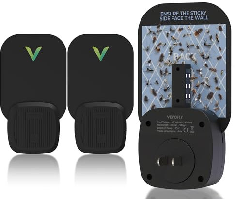 VEYOFLY, Trampa para Insectos Voladores, Capturador de Insectos, Trampa para Moscas de Interior, Hogar Seguro,Polillas, Mosquitos, Luz Anti Insectos con Enchufe (2 Dispositivos+6 Tarjetas Adhesivas)
