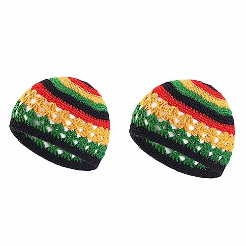 SHTGOI 2 Stück Gestrickte Kufi-Mützen Handgemacht Häkelmütze Baumwolle Strickmütze Totenkopf-Mützen Haarnetz Kappe Gebetsmütze Islam atmungsaktive Beanie-Mütze für Sommer Männer und Fraun Bunt