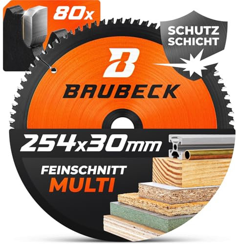 BAUBECK Sägeblatt 254x30 - Multi Material Feinschnitt - Kreissägeblatt 254 x 30 für Holz, Aluminium, Metall uvm. - Sägeblatt 254 kompatibel mit Bosch GTS 10, Bosch PTS 10, Metabo KGS 254 uvm.