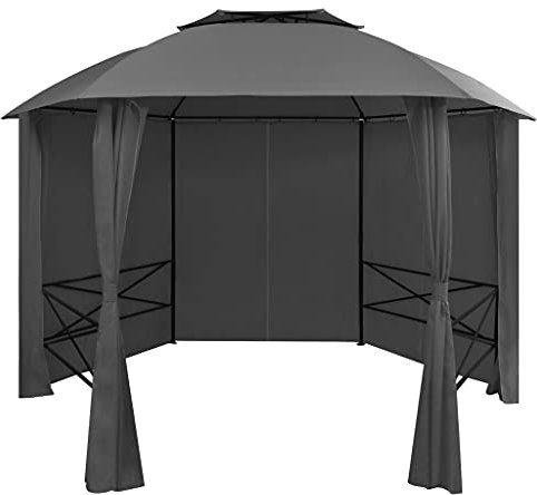 PURADAY Tonnelle de jardin, 360 x 265 cm, avec rideaux, hexagonale, pergola, terrasse, auvent, autoportant, pour réunions de famille et diverses activités de plein air