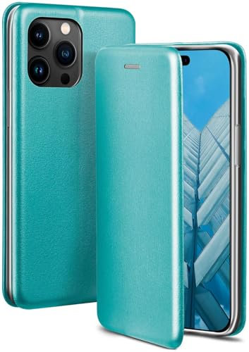 ONEFLOW Business Case für iPhone 15 Pro Max Handyhülle klappbar mit Standfunktion, Klapphülle Flipcase Cover Dünn, PU Leder Hülle mit Kartenfach, 360 Grad Schutzhülle, Mint Blau