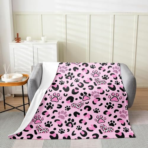 Buohwiwe Plaid Couverture Polaire 100x150 Imprimé Léopard Rose 3D Couverture Empreintes de Pattes de Chien Flanelle en Microfibre lit Jeté de Canapé Couvertures et Plaids Petit Chaud 29Y