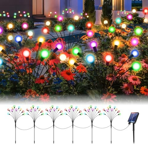 RJEDL 6 Stück Solar Lichterkette Aussen Bunt, Upgraded Solarlampen für Außen Garten, Schwanken im Wind, 60 LED Wasserdicht Glühwürmchen Solarleuchten Außen für Patio Weg Hochzeit Party Outdoor Deko