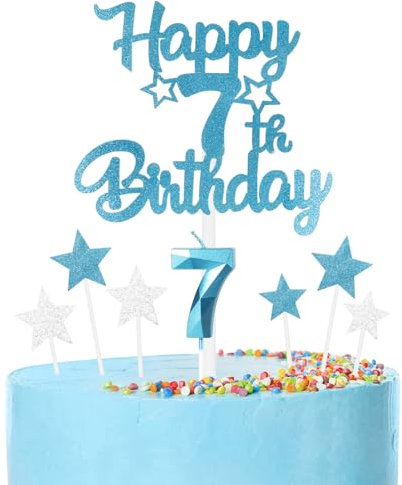 mciskin Happy 7th Birthday Candles Cake Toppers Set, Blue Number 7 Candle for Cake, Girls Boys 7th Birthday Decorations,3D Birthday Number Candles with Silver Star Toppers for Boy Girl