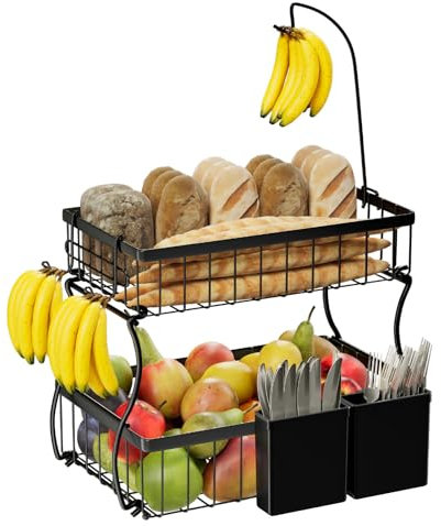 2 Tier Fruit Basket Bowl and Banana Hangers, Kitchen Countertop Organizer with 2 Box for Knife and Fork, Vegetable Bread Snacks Storage Stand 14.75 W x 10.62 D, Black